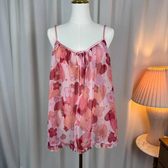 La Senza Y2K Pink Hearts Floral Chiffon Ruffle Slip Medium - Picture 9 of 9